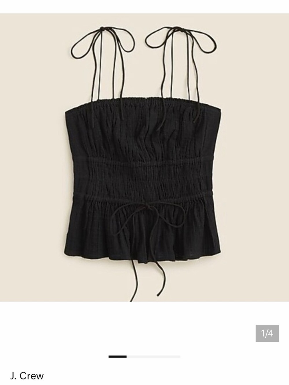 J. Crew Black Smocked Tie-Strap Camisole Top